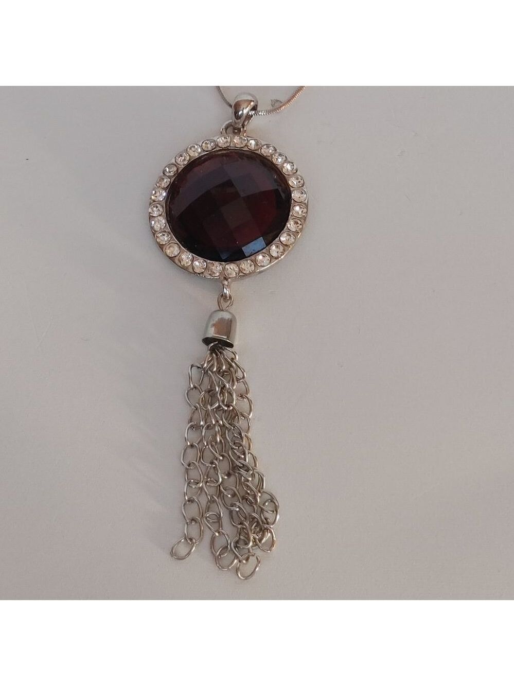 PRETTY Faux Red Garnet Tassel Necklace Long Silver Tone Chain STATEMENT NECKLACE
